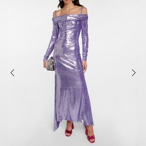 The Attico Fanny Off-Shoulder Sequin Dress Gown Long Sleeve Purple